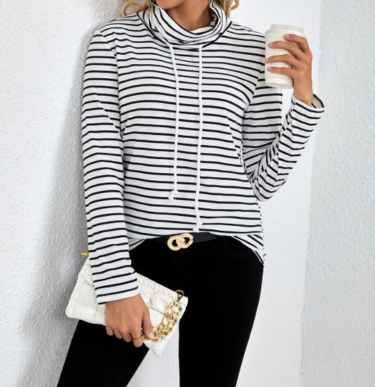 Striped High Drawstring Neck Pullover