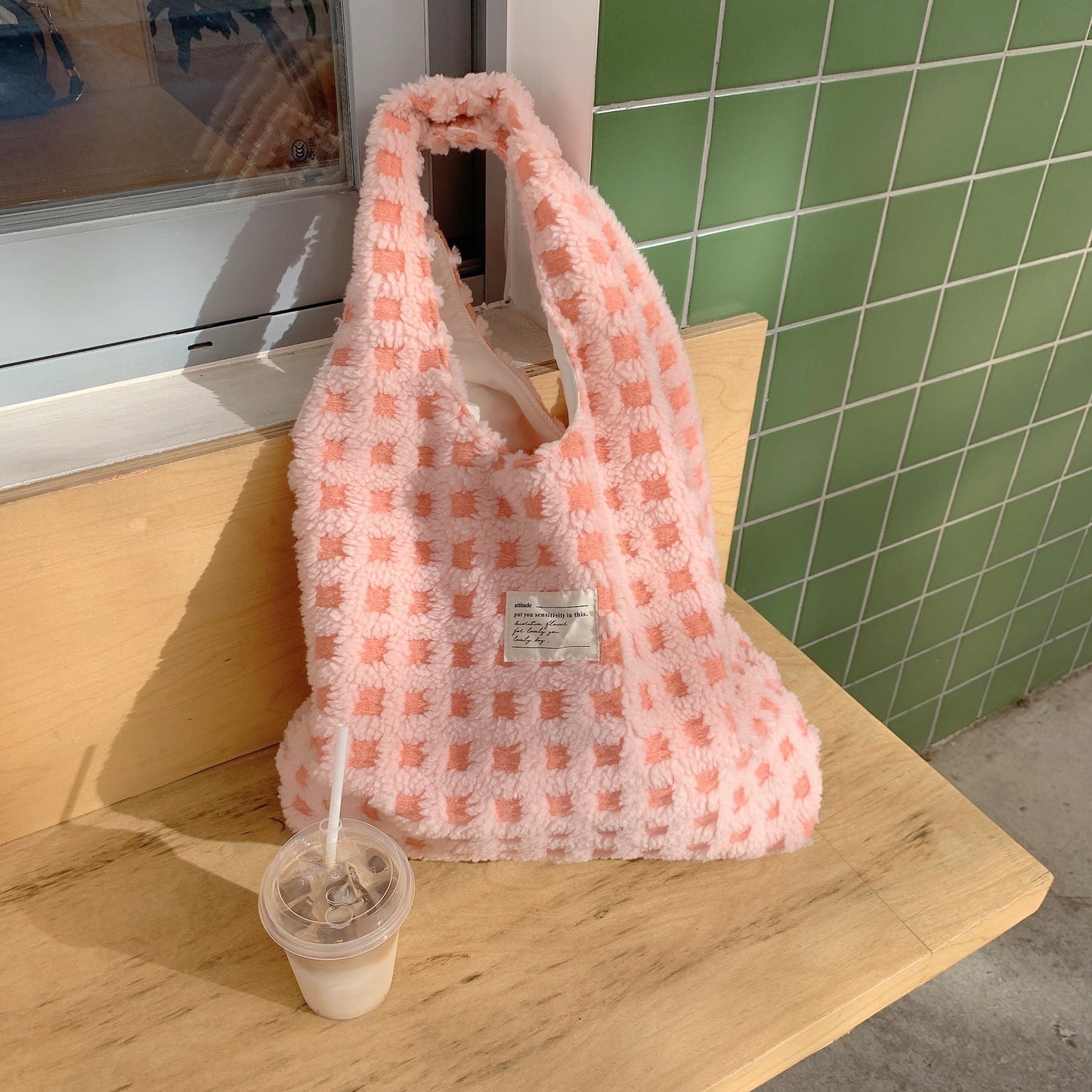 Waffle Design Plush Tote Bag