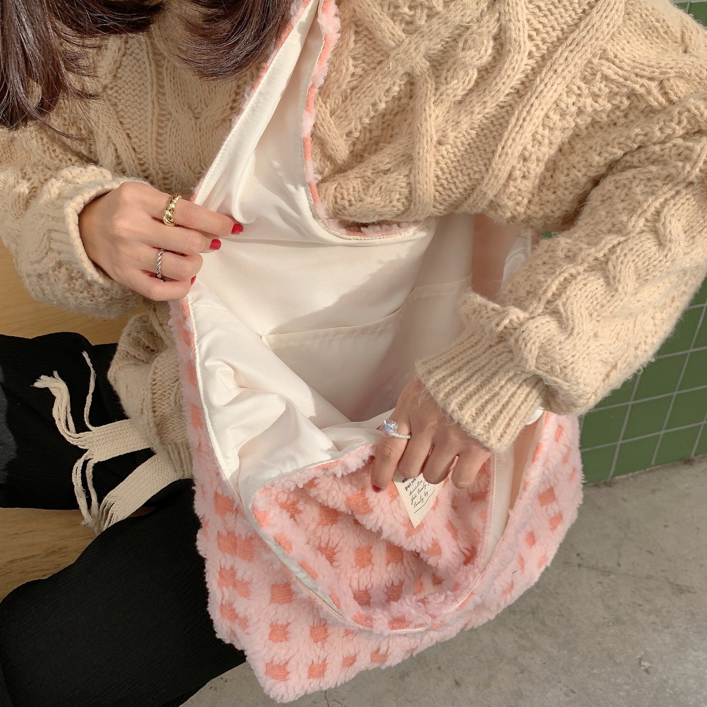 Waffle Design Plush Tote Bag
