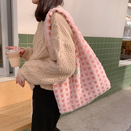 Waffle Design Plush Tote Bag