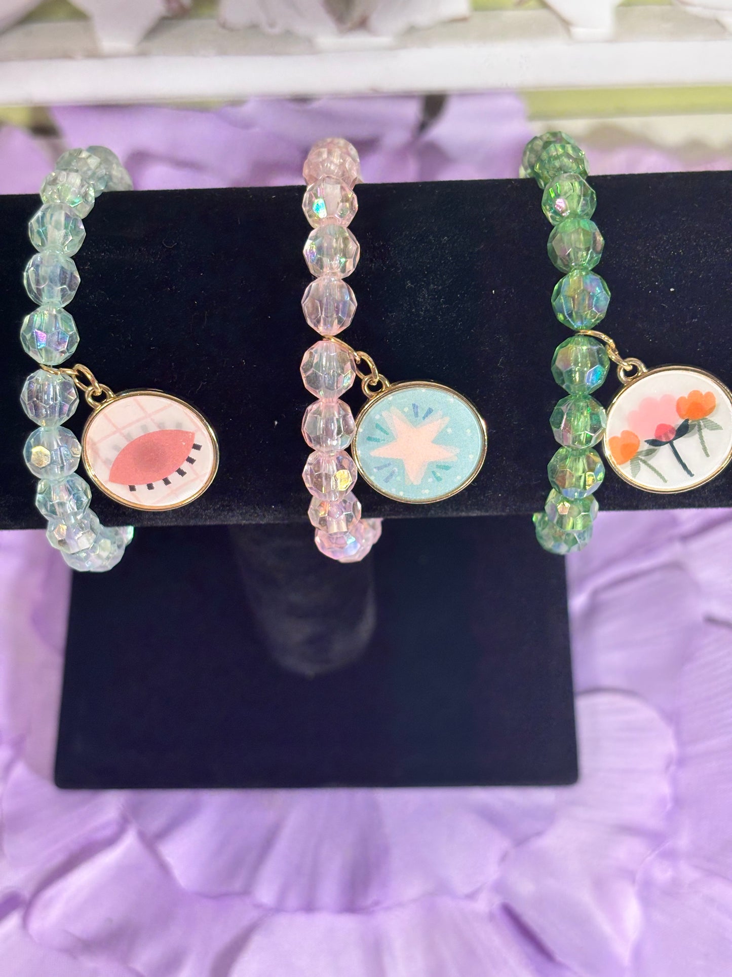 Iridescent Colored Bracelets with Lenticular Charms