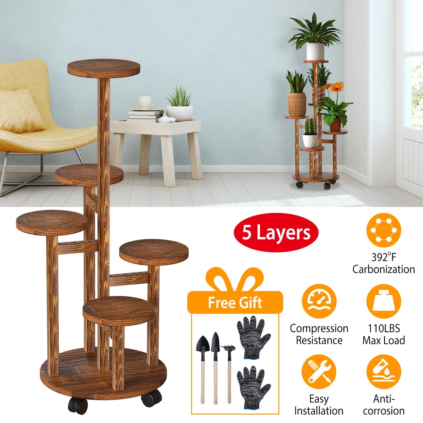 5 Layers Of Plant Stand With 4 Detachable Wheels For Indoor And Outdoor Decoration