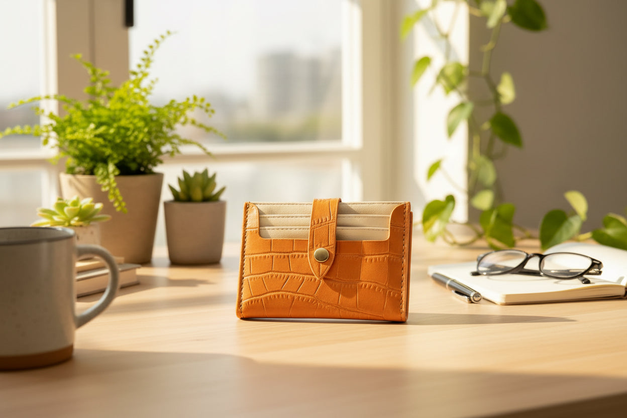 Brown wallet on a desk with office supplies