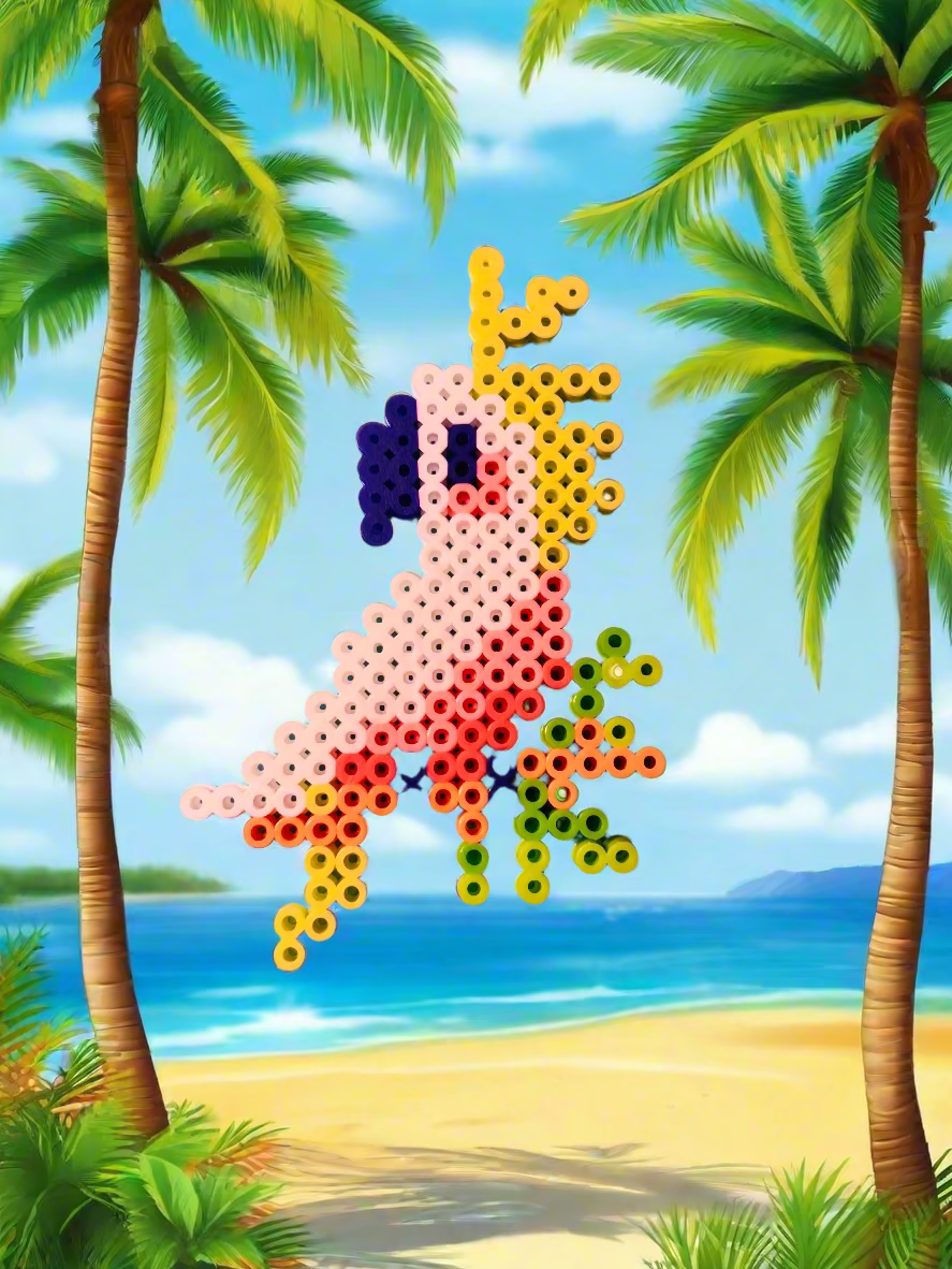 Colorful beaded cockatoo decoration on a gray background