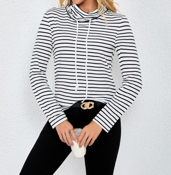 Striped High Drawstring Neck Pullover